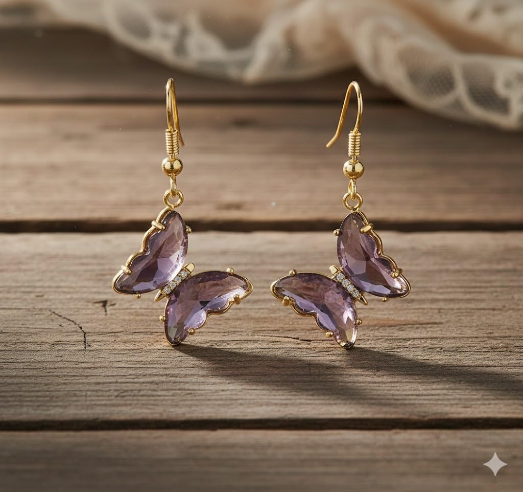 El Regalo Butterfly Drop Earrings for Women | Gold Plated Crystal Butterfly Dangle Earrings | Earrings for Girls | Cute Fashion Earrings (Purple)