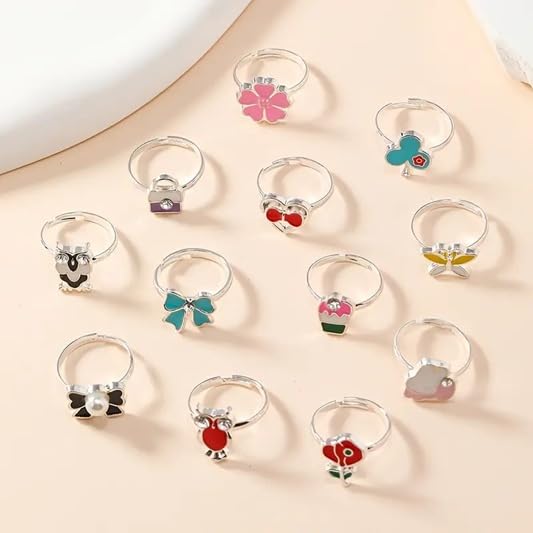 El Regalo 12 Pcs Cute Adjustable Rings Set for Kids/Girls/Women - Colorful Cartoon Enamel Finger Rings | Adjustable Cute Jewelry Gift Box - Butterfly, Flower, Bow, Heart, Cherry Designs (Style-1)