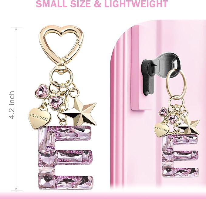 El Regalo Personalized Glitter Initial Letter Keychain for Girls & Women - Cute Pink Resin Alphabet Keyring with Heart & Star Charms - Fancy Luxury Bag Accessory & Birthday Gift (Letter E)