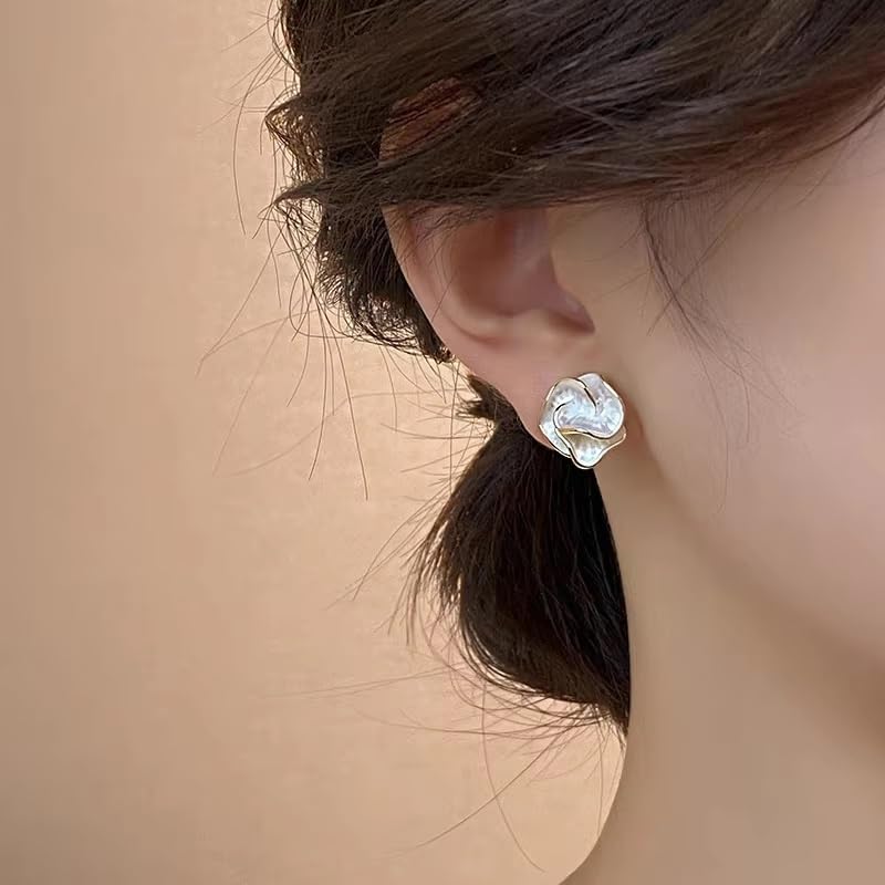El Regalo Enamel Flower Studs Earrings for Women/Girls- Elegant White Camellia Floral Stud Earrings