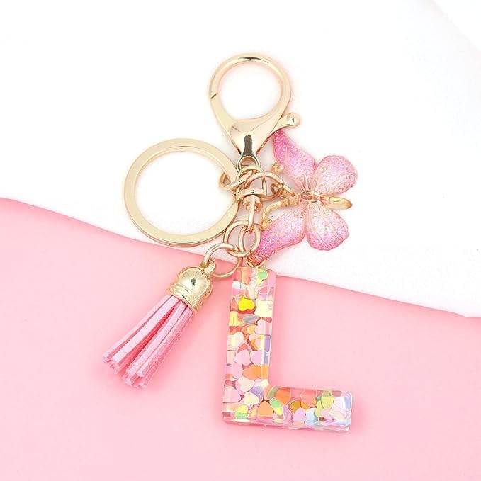 El Regalo Personalized Name Initials Butterfly Charm Keychain - Custom Letter Keyring with Pink Tassel & Butterfly Pendant, Purse, Bag, Backpack Accessory (L Letter)