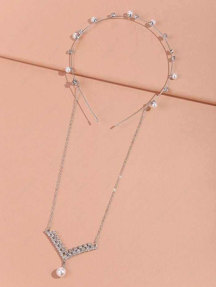 El Regalo Fancy Tiara Pearl Tassel Hairband- Pearl, Rhinestone Crystals Bridal Hairband for Girls & Women