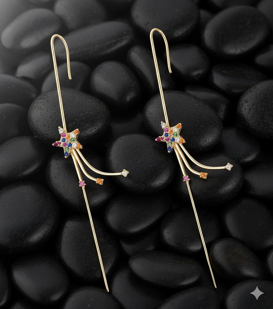 El Regalo 1 Pair Fancy Western Ear Wrap Needle Ear Crawler Earrings - Inlaid Zircon, Elegant Ear Cuff Climber Hook Earrings for Women Girls (CZ Shooting Stars)