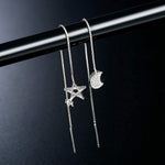 El Regalo 925 Silver Plated Minimalist Long Thin Linear CZ Elegant Threader Dangle Chain Earrings for Girls & Women (Moon Sun Threaders)