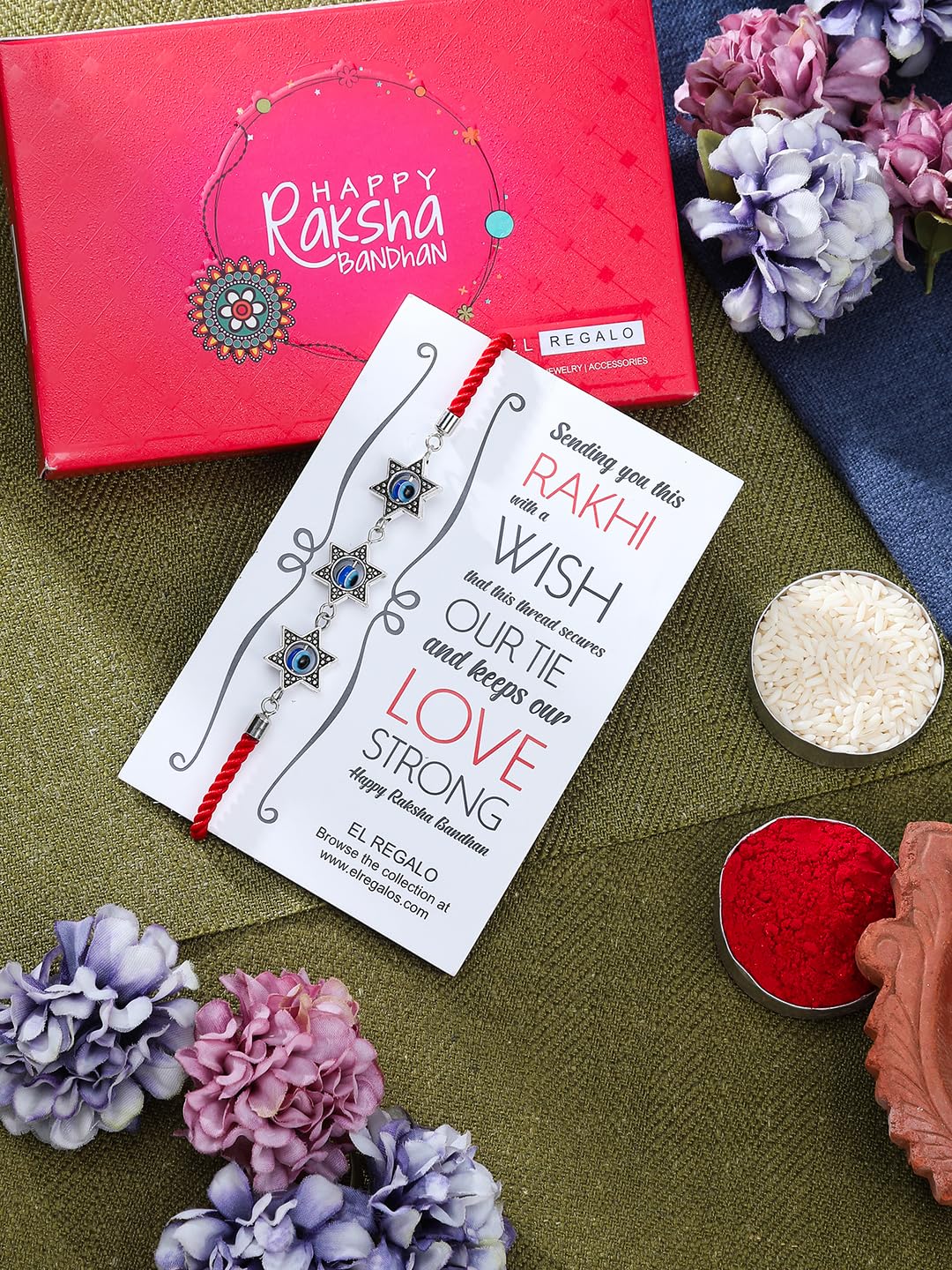 El Regalo 2PCs Designer Stars Evil Eye Rakhi Combo Set for Bhaiya-Bhabhi/Niece or Nephew with Roli Chawal in Rakhi Gift Box