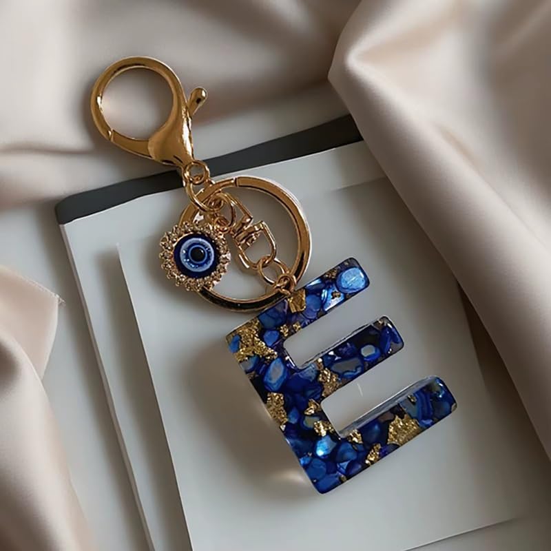 El Regalo Royal Blue Evil Eye Keychain Name Initial Letters- Alphabet Letter Keyring with Evil Eye Charm - Unisex Stylish Bag Charm, Keyring, Gift for Friends & Family (E Letter)