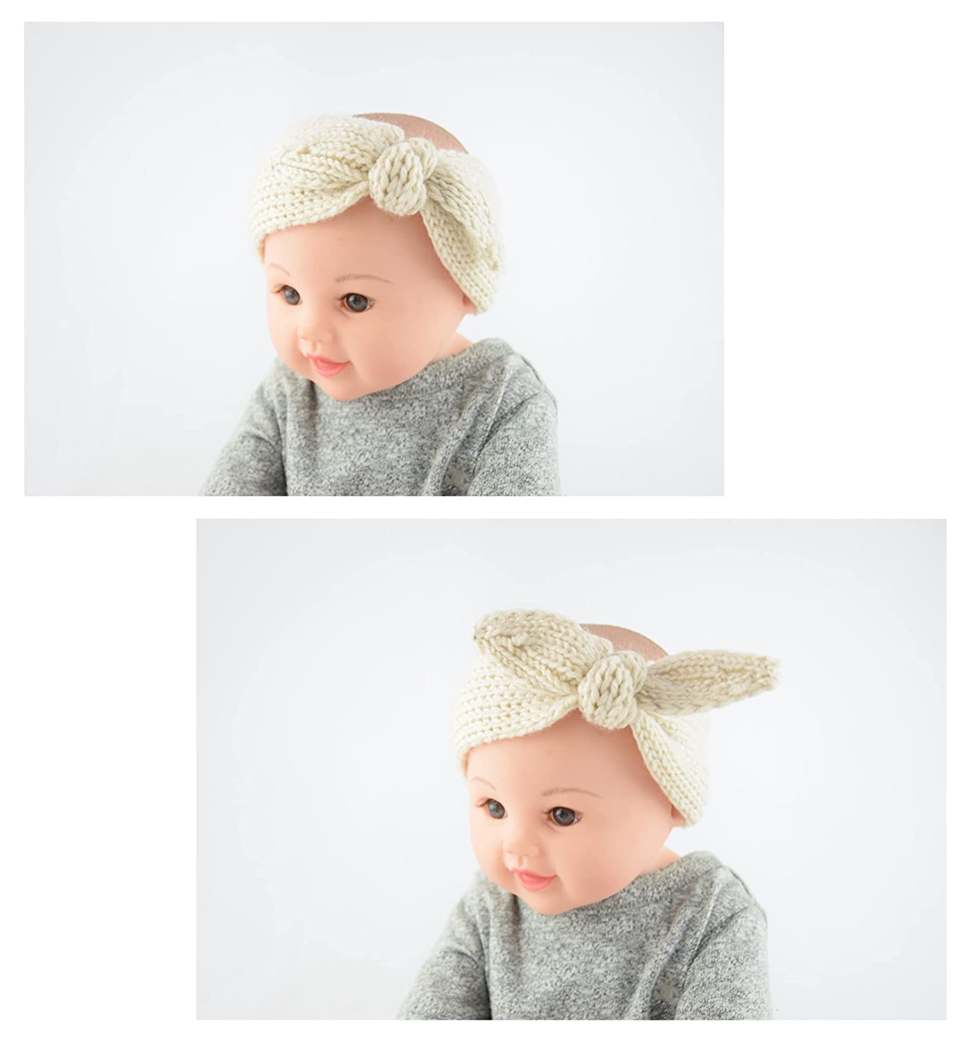 El Regalo 2 PCs Turban Wool Headband - Warm Rabbit Knot Hair Band, Knit Head Wrap for Baby Girls Newborns and Toddlers (Beige & White)