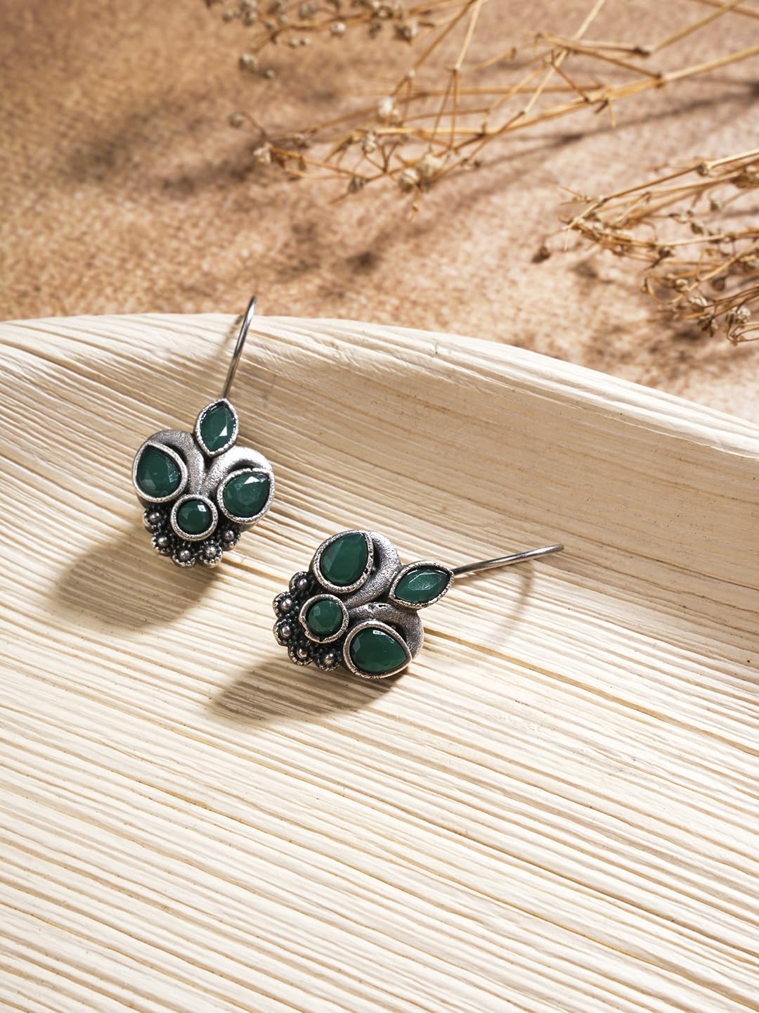 El Regalo Small Oxidized German Silver Stones Hook Earrings- Handmade Oxidized Indian Earrings (Green)