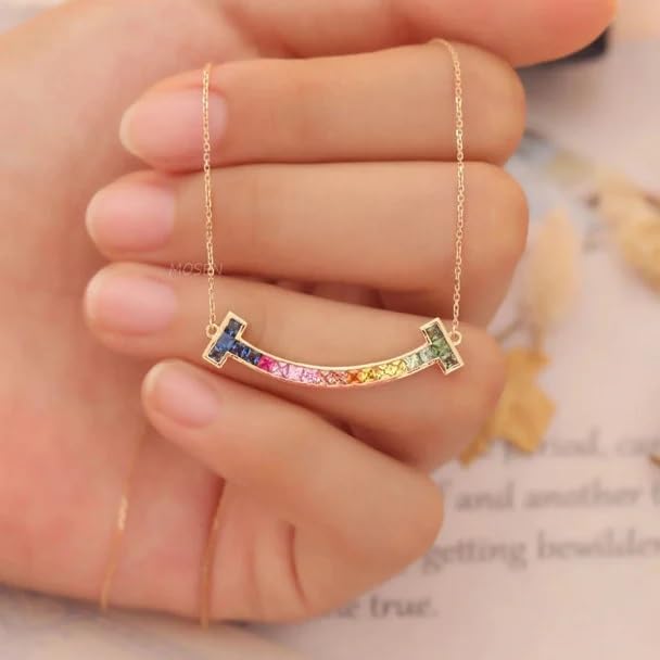 El Regalo Luxury Rainbow Smile Zircon Clavicle Chain Necklace for Girls & Women- Stainless Steel Rainbow Stones Smiley Necklace