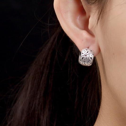 El Regalo 925 Silver Plated Hollow Filigree Hoop Earrings for Women - Vintage Oriental Carved Huggie Hoops, Retro Ethnic Jewelry