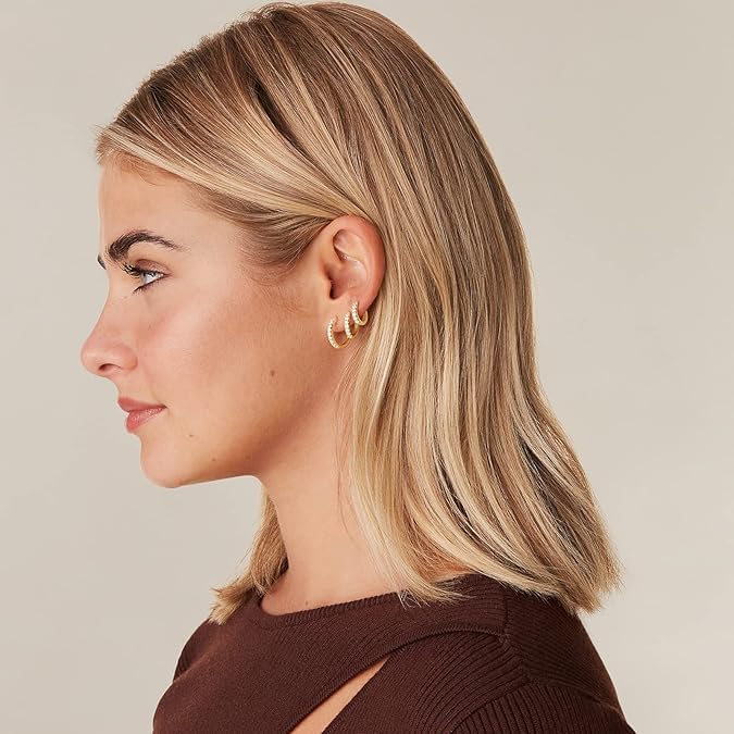 El Regalo 3 Pairs Dainty 14K Gold Plated Huggie Hoop Earrings - Small CZ Hoop Earrings Set (8mm, 10mm, 12mm) for Women & Girls, Cartilage & Tragus Earrings