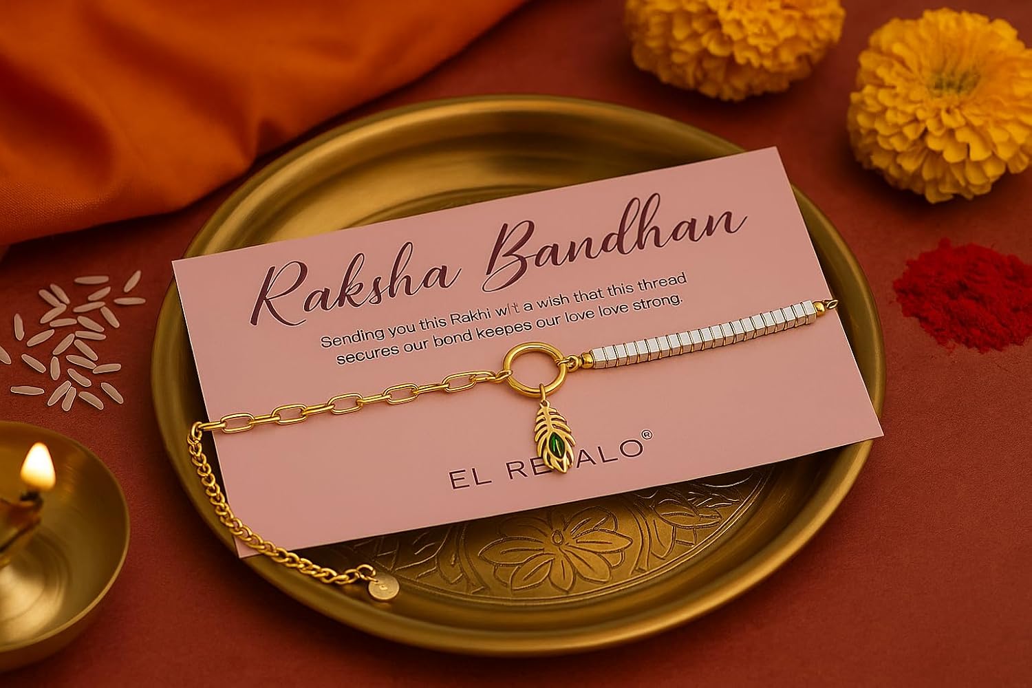 El Regalo 1PC Luxury Krishna Feather Tannis Bracelet Rakhi for Brother or Bhabhi- Elegant Feather CZ Rakhi with Roli Chawal, Message Card in Rakshabandhan Box