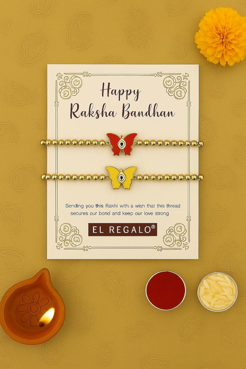 El Regalo 2PCs Evil Eye Rakhi Combo for Brother - Stylish Beaded & Thread Set with Roli Chawal - Raksha Bandhan Pack for Bhaiya, Boys, Girls, Men - Comes on Designer Rakhi Card (Option-4)