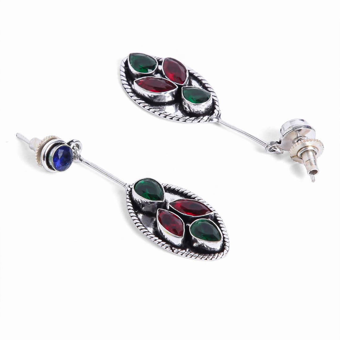 El Regalo 925 Silver Plated Fashion Statement Stones Stud Earrings for Woman & Girls - Oxidized Finish - Silver Lookalike Earrings
