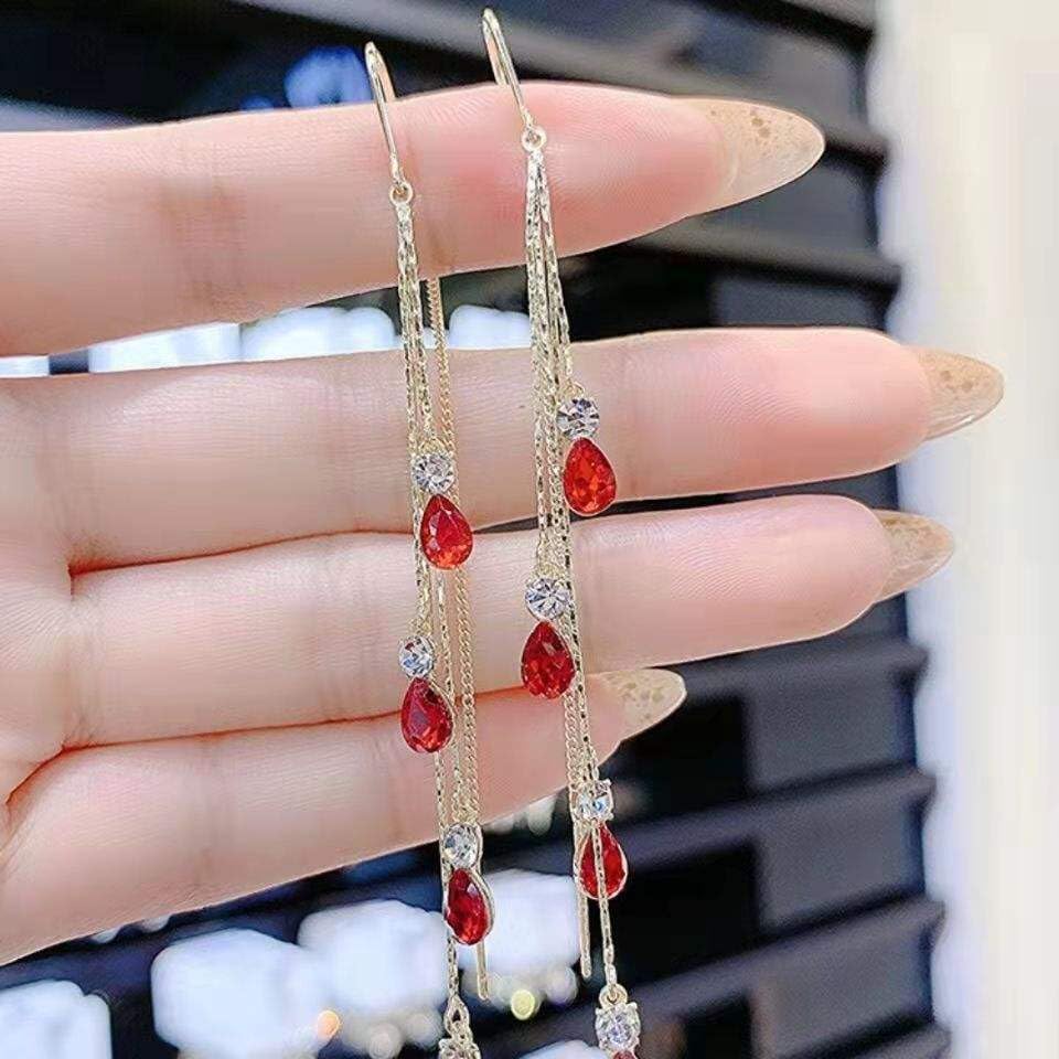 El Regalo Modern Threader Earrings for Women | Long Chain Dangler Earrings with Crystal & Stone Drops | Western Tassel Earrings for Girls | Party Sui Dhaga Thread Earrings (Red Threader)