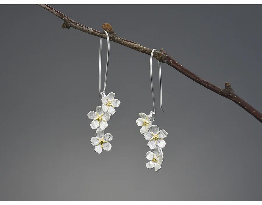 El Regalo Womens Cherry Blossom Cascade Silver Plated Jasmine Flowers Drop Hook Earrings - Elegant Triple Flower Long Drop Earrings with Gold-Plated Accents