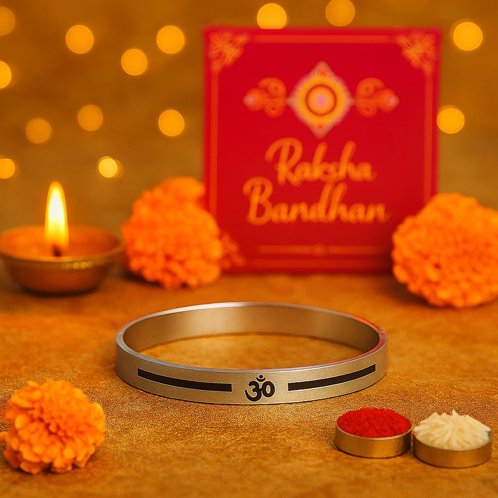 El Regalo 1 PC Stainless Steel Anti Tarnish OM/Aum Bracelet Rakhi for Brother - Designer OM Rakhi with Roli Chawal, Rakhi Message Card in Rakhi Gift Box (Silver OM Rakhi)