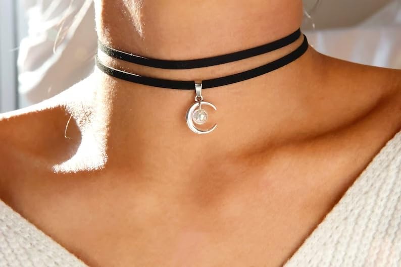 El Regalo Gothic Punk Crescent Moon with Bead Choker Necklace for Girls & Women- Hippie Double Layers Suede Crescent Moon Choker