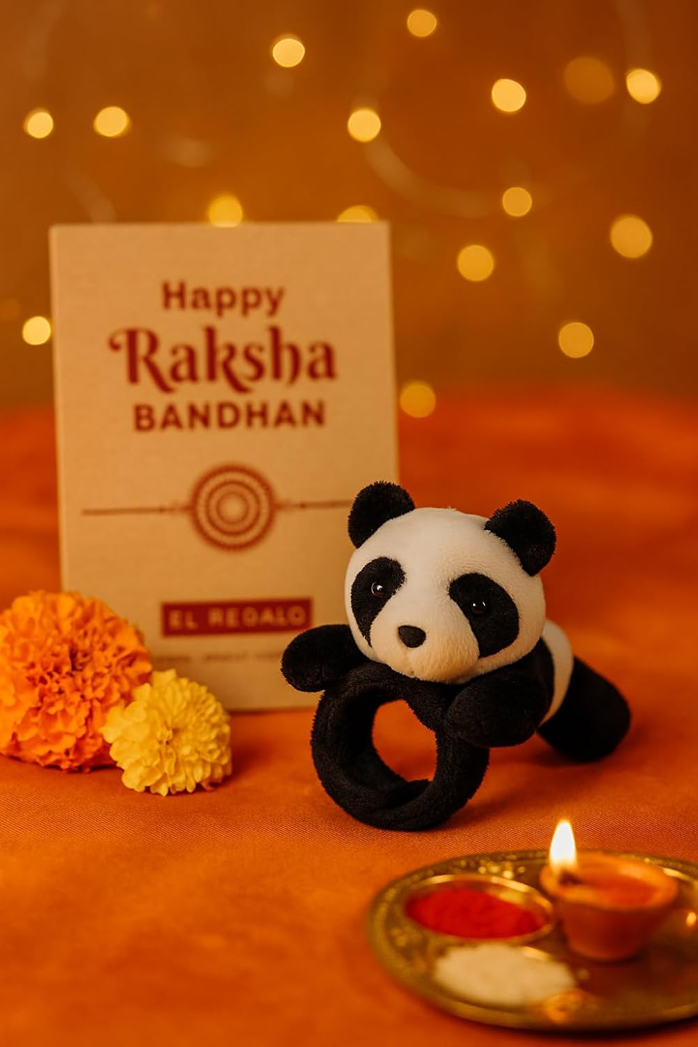 El Regalo Kids Rakhi - Cute Animal Plush Slap Band Rakhi for Boys & Girls | Panda, Shark, Dinosaur & More with Roli Chawal & Rakshabandhan Card | Fun Cartoon Soft Slap Bands for Children (Panda)