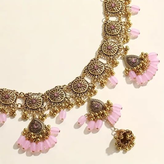 El Regalo Bohemian Vintage Hollow Waist Chain for Women - Indian Ethnic Golden Belly Chain with Beads, Tassels, Jhumkas & Bells - Adjustable Waist/Hip Body Belt for Saree, Lehenga & Dresses (Pink)