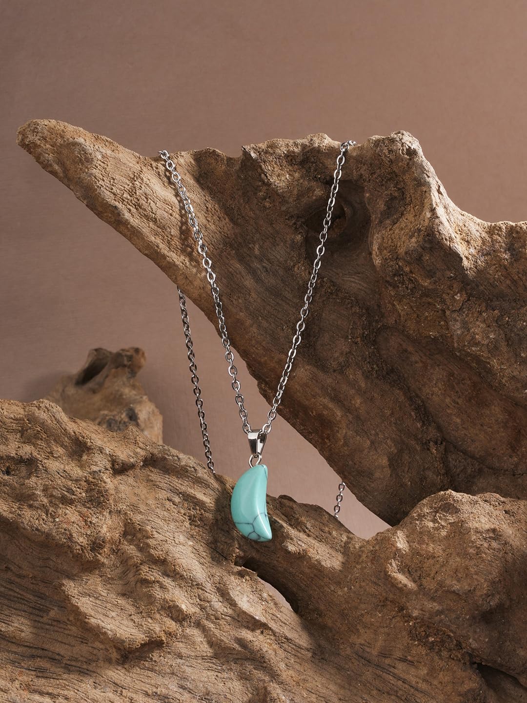 El Regalo Beautiful Agate Crescent Moon Pendant Necklace with Stainless Steel Chain for Girls & Women (Turquoise Green Moon)