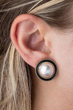 El Regalo Big Pearl Clip On Earrings for Non Pierced Ears- Round Faux Pearl Clip On Fake Non Piercing Earring (Black Enamelled)
