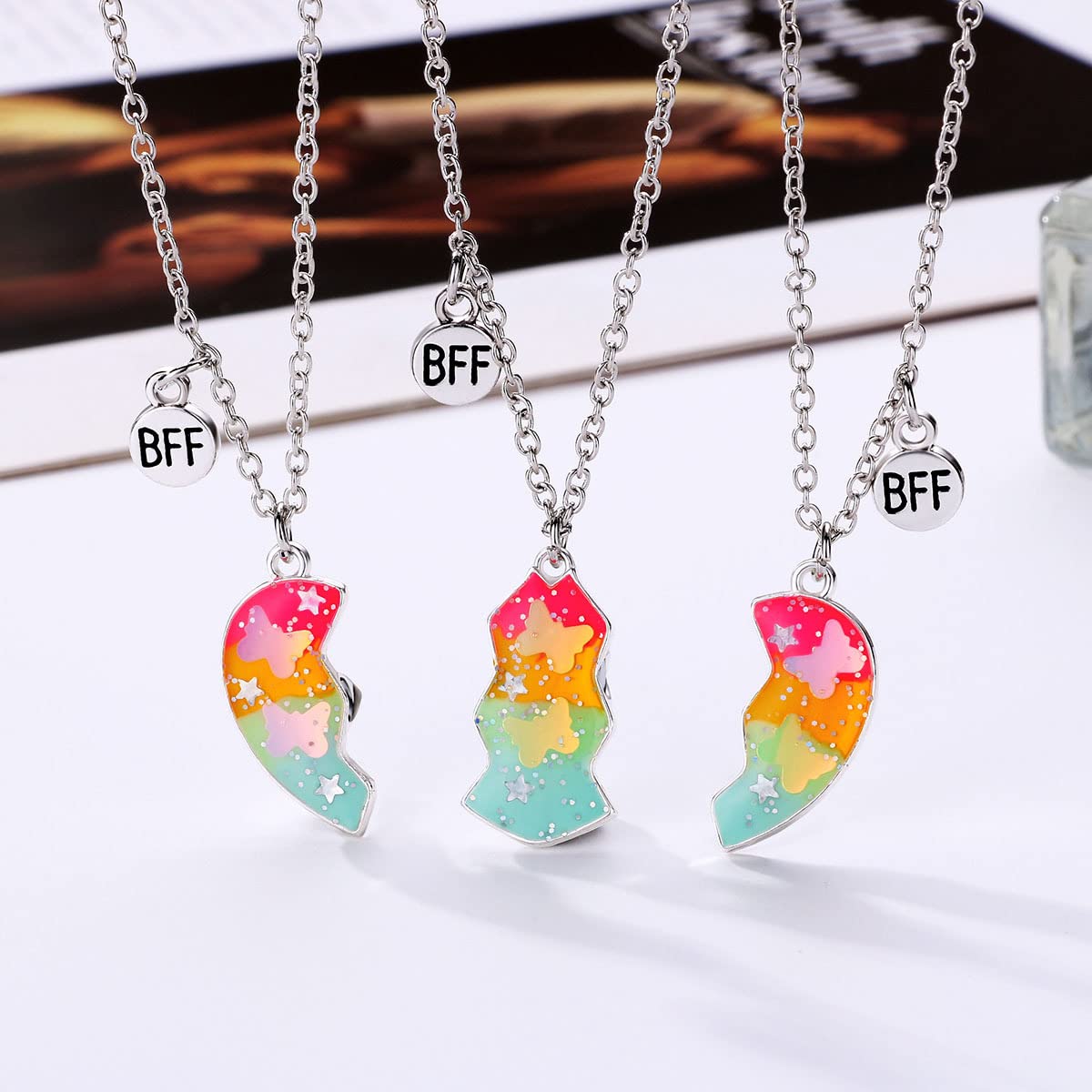 El Regalo 3 PCs BFF Best Friend Forever Split Heart Magnetic Matching Pendant Necklaces Set for Kids/Girls/Teens- Friendship Puzzle Necklaces Sets for Besties (Colorful Butterfly BFF)