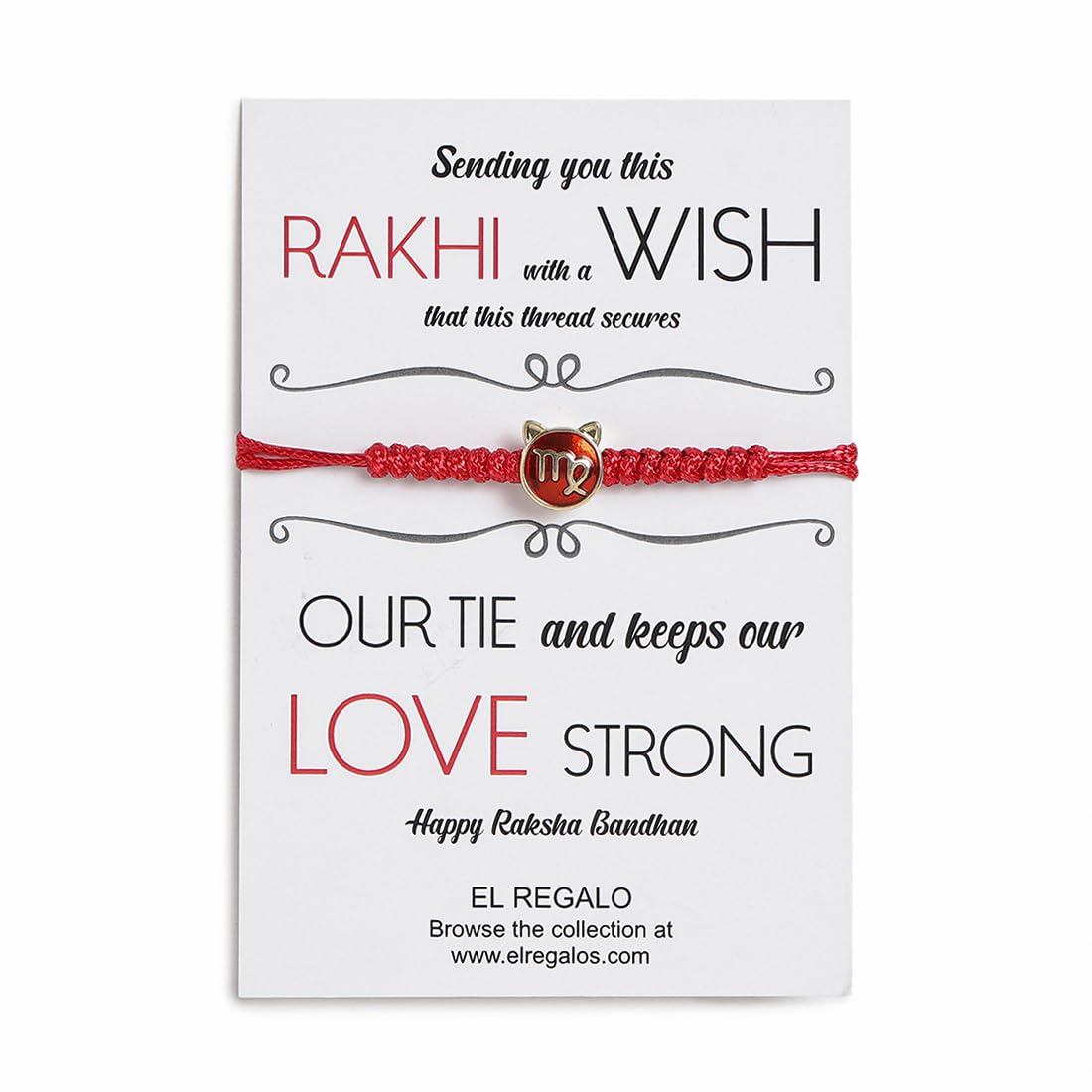El Regalo 1 PC Zodiac Signs/Sun Signs Red Thread Bracelet Rakhi for Bhai/Brother/Niece or Nephew - Zodiac Sign Rakhi, Roli-Chawal Shagun, Rakhi Message Card in Rakhi Box (Virgo Rakhi)