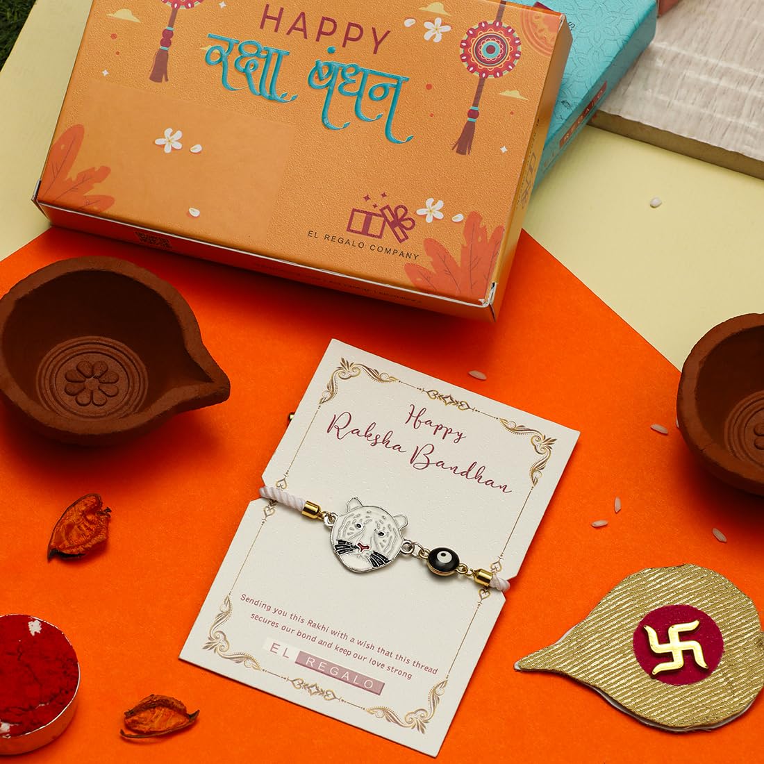 El Regalo Designer Evil Eye Lion Kids Rakhi for Brother- Cute Evil Eye Lion Rakhi with Roli Chawal Shagun, Rakhi Message Card in Rakhi Gift Box for Little Brother (White)