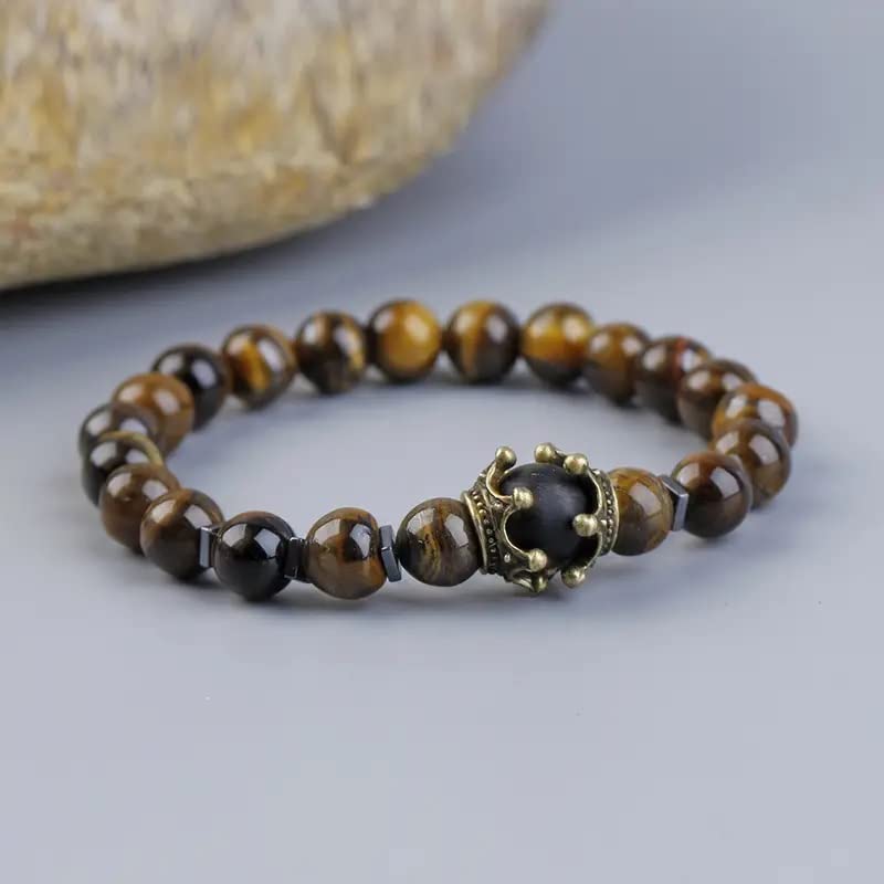 El Regalo Natural Stones Tiger Eye Antique Crown Charm Bracelet for Men/Boys Beads Bracelet Jewelry