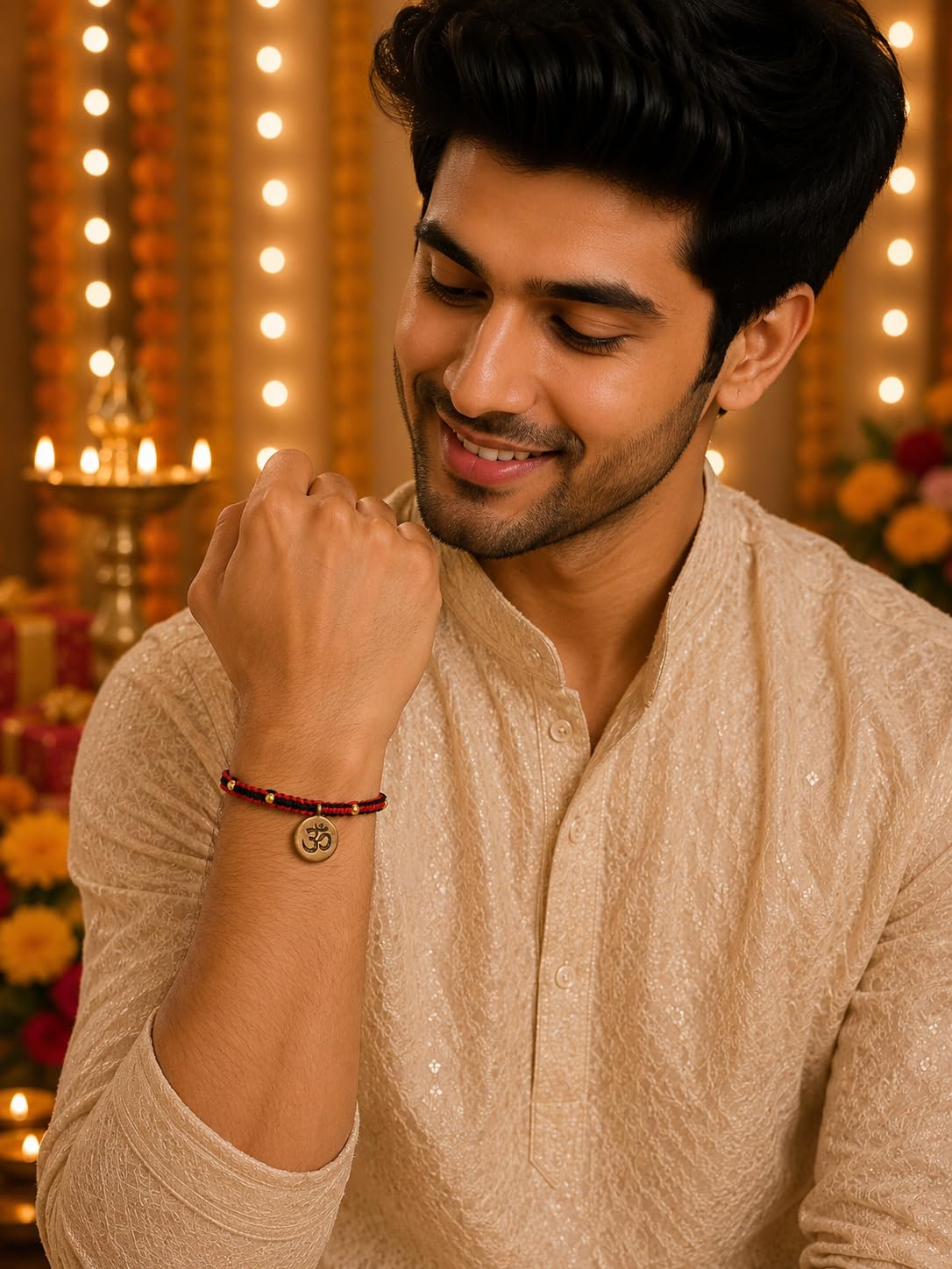 El Regalo Fancy & Traditional AUM/Shell Charm Rakhis for Brother | Elegant Auspicious Bracelet Rakhi for Bhai/Bhaiya with Roli Chawal in Gift Box (OM Rakhi - Red)