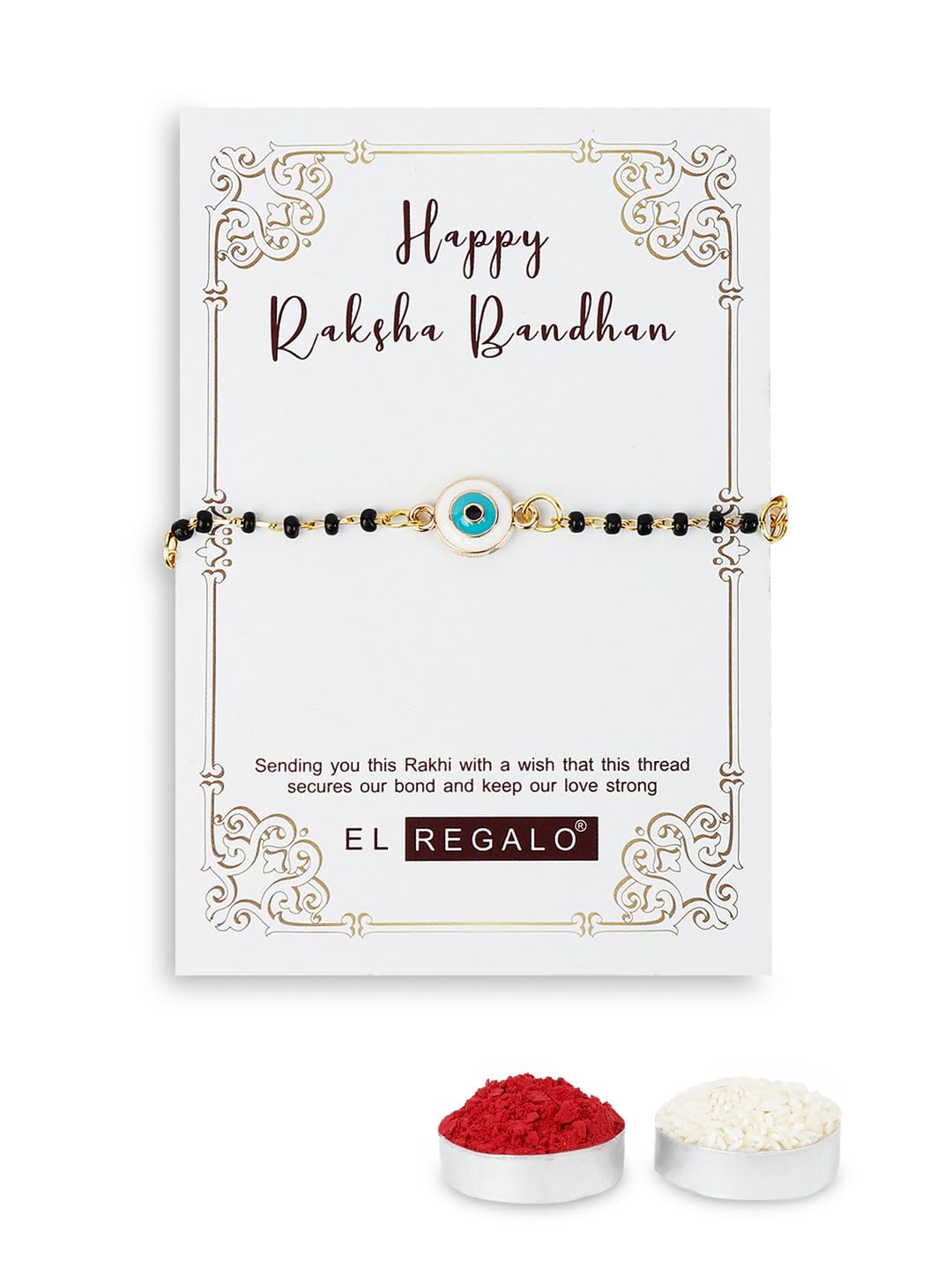 El Regalo Cute Evil Eye Nazaria Bracelet Rakhi for Babies/Kids with Roli Chawal, Rakhi Message card in Rakhi Gift Box- Baby Nazaria Rakhi (Blue Evil Eye Nazaria Rakhi)