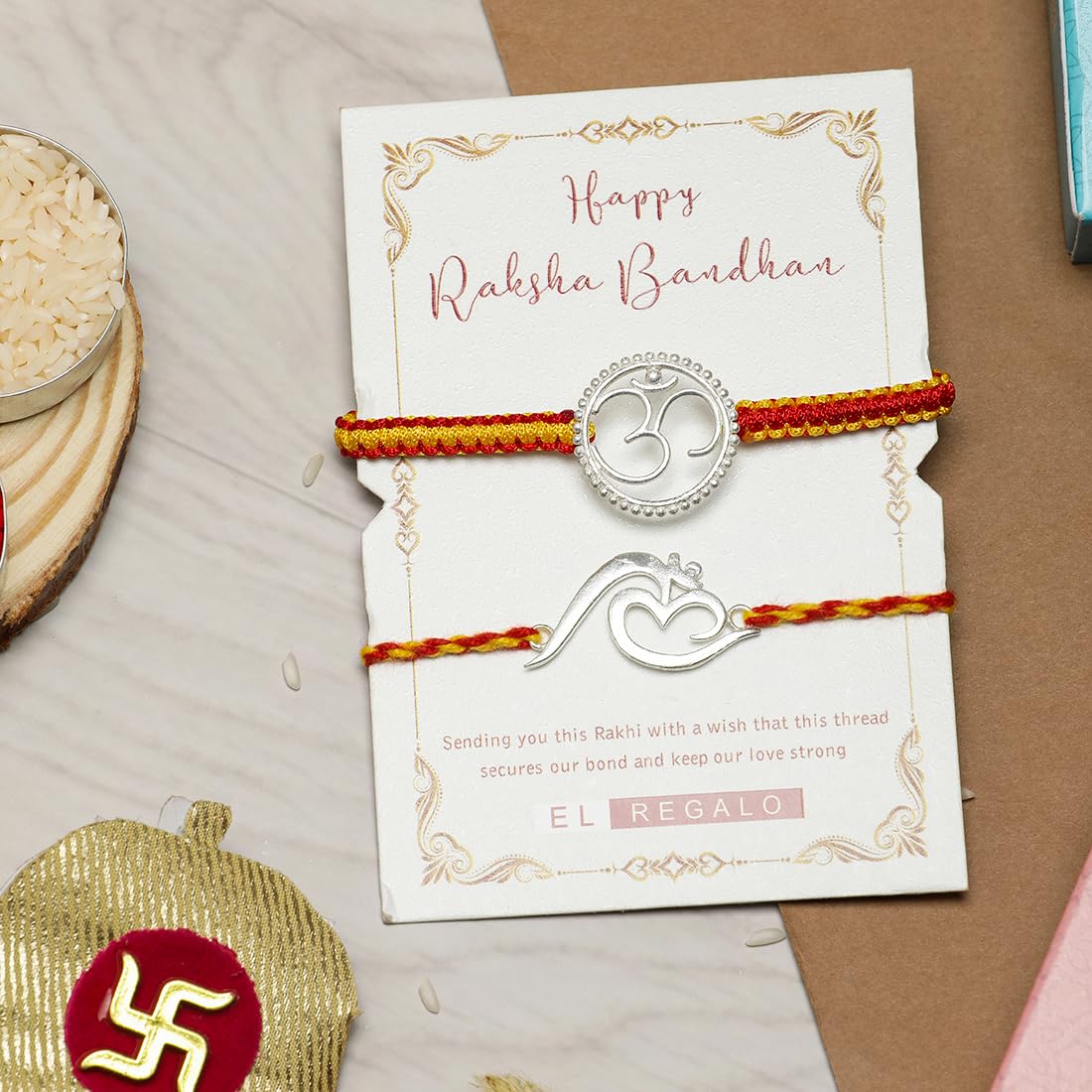 El Regalo 2PCs OM/Veera/Bhai Moli Thread Rakhi Set for Brother/Bhai/Bhaiya- Auspicious OM/Aum Mauli Rakhi with Roli Chawal, Rakhi Message Card in Rakhi Gift Box (2 OM Rakhis)