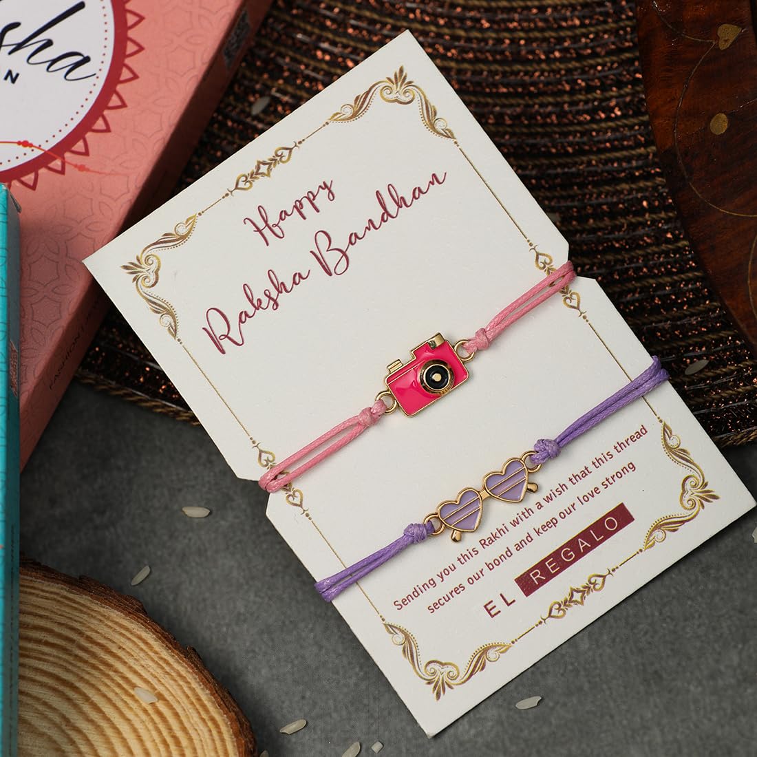 El Regalo 2PCs Cute Kids Bracelet Rakhi Combo Sets- Fancy Kids Rakhi for Brother/Sister with Roli Chwal, Rakhi Message Card in Rakhi Box for Babies/Toddlers/Kids (Camera & Heart Goggle Rakhi)