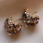 El Regalo Chocolate Rhinestone Encrusted Semi Hoop Earrings for Women & Girls- French Retro Elegant Geometric Faceted Crystals Inlay Versatile Earrings