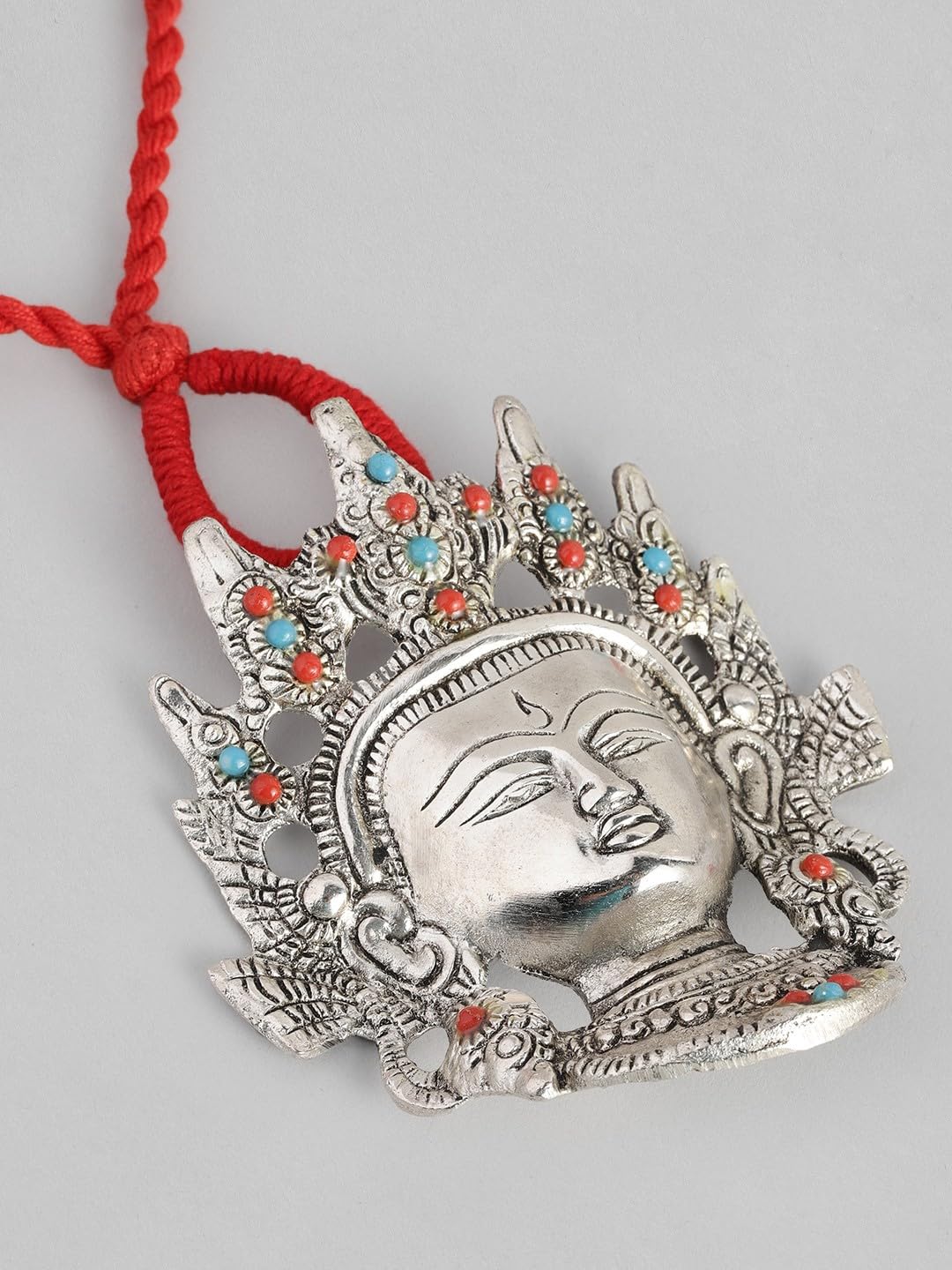 El Regalo Womens Big & Bold Ma Durga Face Pendant Necklace- Handmade Goddess Durga Thread Boho Tribal Neckpiece for Navratri Celebrations (Red)