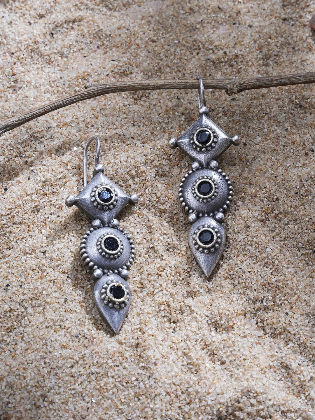 El Regalo Women's & Girl's "Trikoni" Handcrafted Silver Lookalike Oxidized Brass Earrings - Antique Silver Finish - Elegant and Timeless Design (Black)