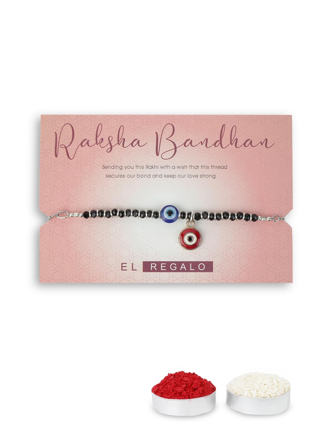 El Regalo Cute & Fancy Baby Evil Eye Nazaria Bracelet Rakhi with Roli Chawal, Rakhi Message Card in Rakhi Gift Box - Kids Evil Eye Adjustable Chain Rakhi (Red Evil Eye Nazaria Rakhi)