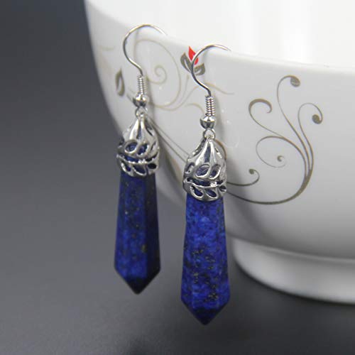 El Regalo Girls Natural Quartz Stones Healing Point Bullet Pencil Point Shape Crystal Chakra Dangle Earrings (Lapis Lazuli)