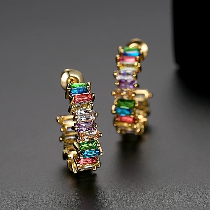 El Regalo Women's & Girl's Luxury Open C Hoop Swarvski Multi-Colored Cubic Zirconia Stainless Steel Hoop Earrings - Fashionable and Glamorous Rainbow Earrings