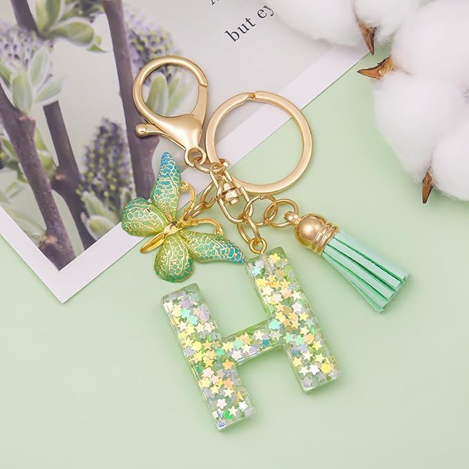El Regalo Personalized Name Initials Butterfly Charm Keychain - Name Letters Keyring with Green Butterfly & Stars Filled Resin & Tassel Pendant, Purse, Bag, Backpack Accessory (Letter H)