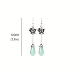 El Regalo Women's & Girl's Silvery Classical Lotus Faux Jade Tassel Earrings- Retro Ethnic Style Lotus Earrings in Antique Silver Finish