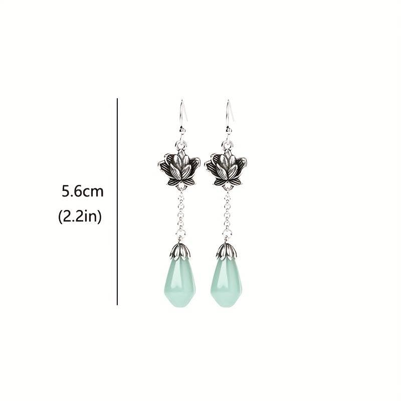 El Regalo Women's & Girl's Silvery Classical Lotus Faux Jade Tassel Earrings- Retro Ethnic Style Lotus Earrings in Antique Silver Finish