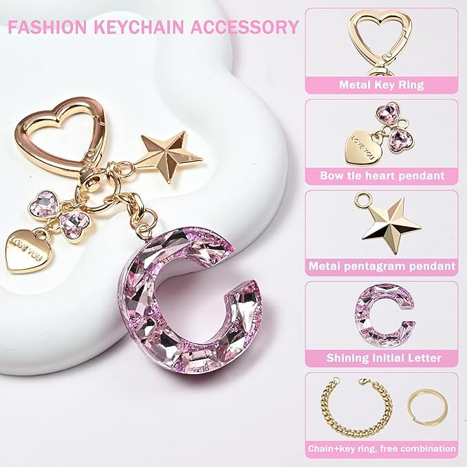 El Regalo Personalized Glitter Initial Letter Keychain for Girls & Women - Cute Pink Resin Alphabet Keyring with Heart & Star Charms - Fancy Luxury Bag Accessory & Birthday Gift (Letter C)