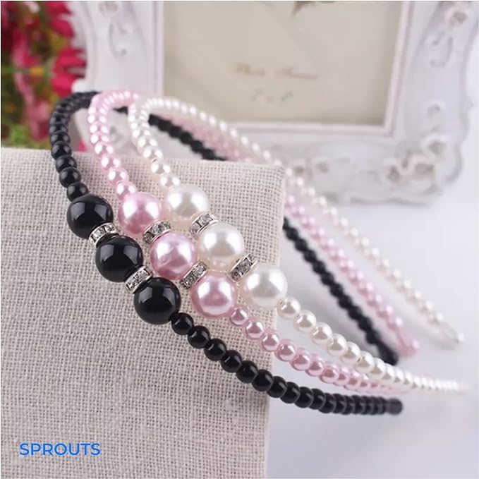 El Regalo 3 PCs Pearls Rehinestones Party Hairbands/Headbands for Girls- Pink, Black & White Pearl Beads Hairbands- Wedding Hair Accessories for Kids, Girls & Women