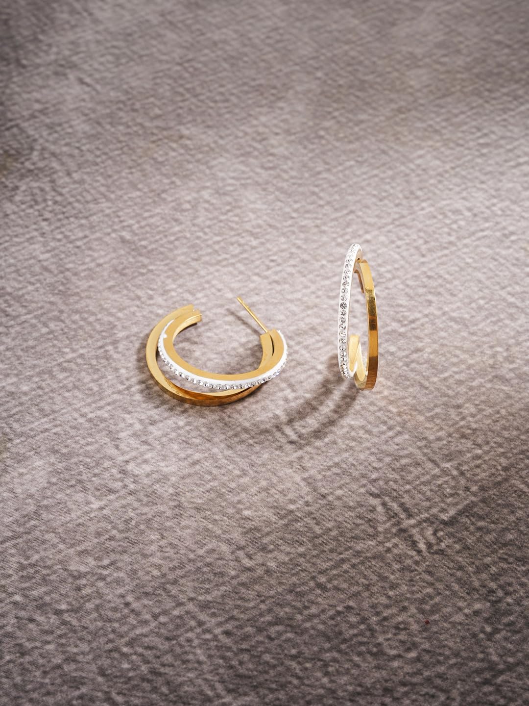 El Regalo Luxury & Creative Stainless Steel Layered C Half Hoop Earrings- Bold & Beautiful, Modern Hoops for Women/Girls (Double-Hoops with CZ Crystals)