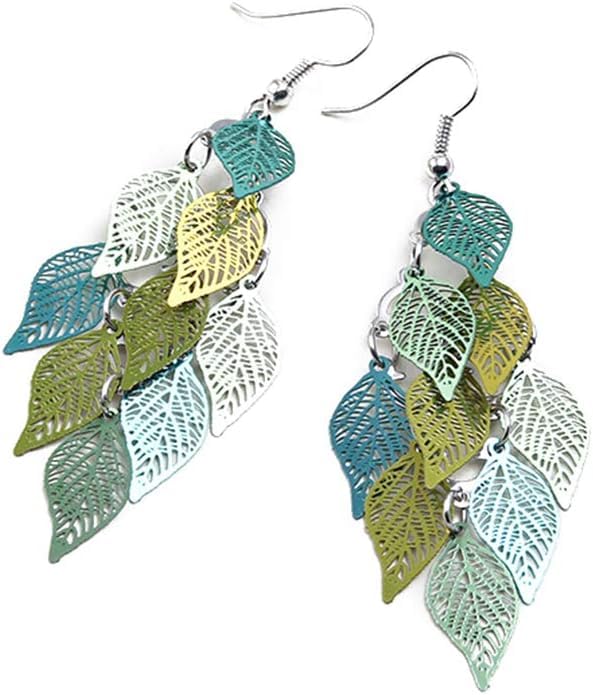 El Regalo 1 Pair Pretty Leaves Bunch Chandelier Earrings for Girls & Women- Boho Lightweight Hollow Filigree Leaves Drop Earrings (Green Yellow Shades)