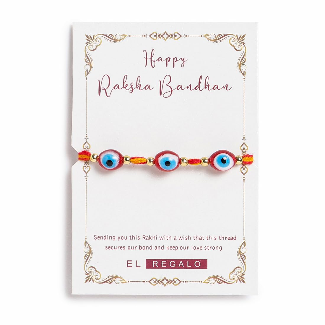 El Regalo 1 PC Evil Eye Moli Rakhi for Bhaiya - Rakshabandhan Original Evil Eye Beads Rakhi with Message Card & Shagun in Rakhi Box (Red Evil Eye, 1)