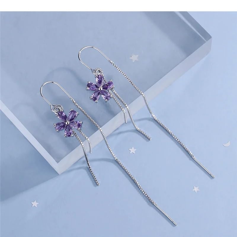 El Regalo 925 Silver Plated Flower Threader Earrings- Needle Threader Long Tassel Earrings for Girls & Women (Purple Flower)
