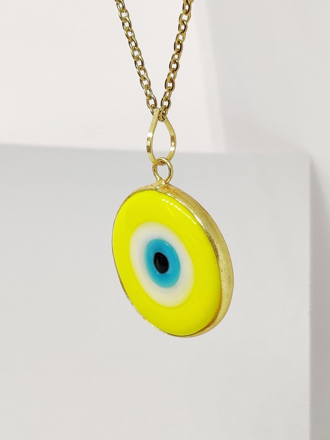 El Regalo Big Evil Eye Handmade Glass Lamp work Unisex Pendant Necklace for Men, Women, Girls & Boys | Evil Eye Pendant Necklace (Yellow Golden)